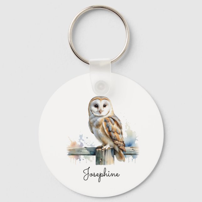Watercolor Barn Owl Elegant Personalized Name Key Ring (Front)
