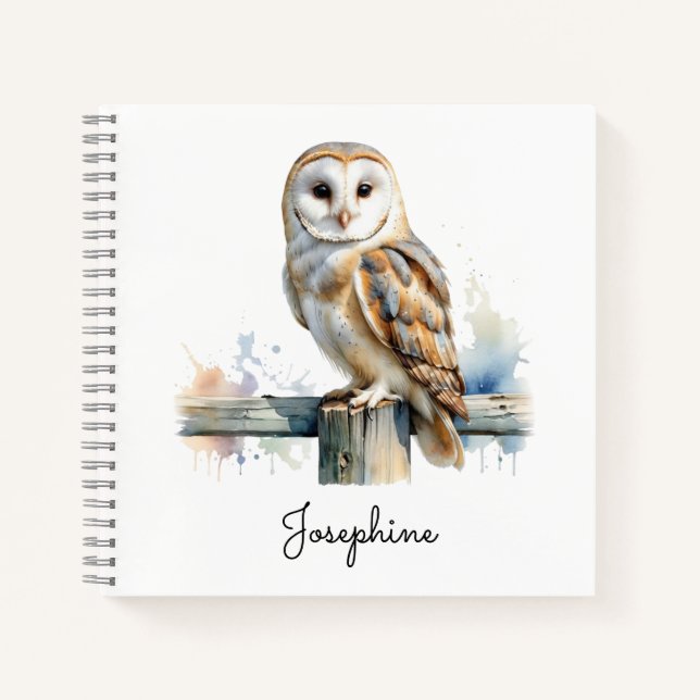 Watercolor Barn Owl Rustic Wildlife Personalized Notebook (Front)