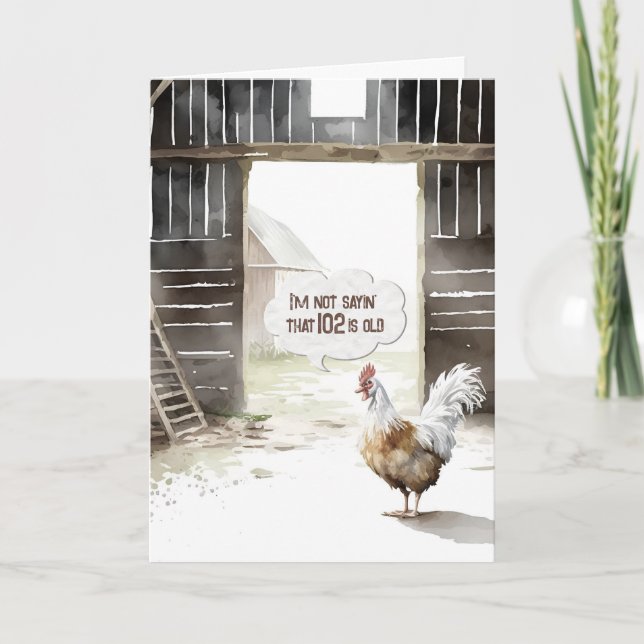 Watercolor Barn Rooster 102nd Birthday Humour Card (Front)