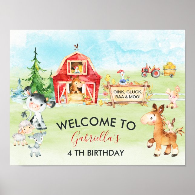 Watercolor Barnyard and Farm Animals Kids Birthday Poster (Front)