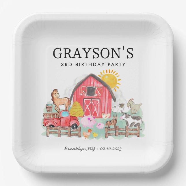 Watercolor Barnyard Animals Kids Farm Birthday Paper Plate (Front)