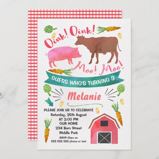 Watercolor Barnyard, Farmyard Birthday Invitation (Front/Back)