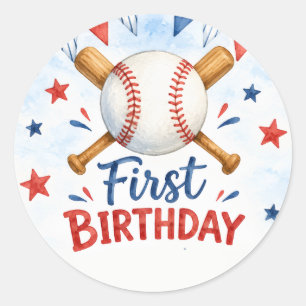 Watercolor Baseball 1st Birthday Classic Round Sticker