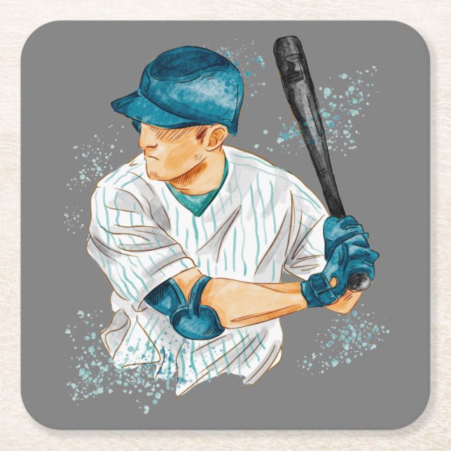 Watercolor Baseball Player Square Paper Coaster (Front)