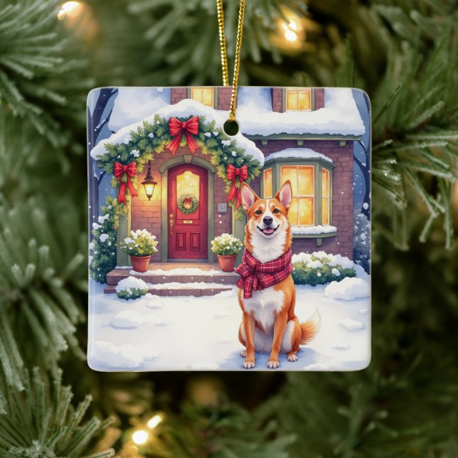 Watercolor Basenji Townhouse Christmas Holiday Ceramic Ornament (Tree)