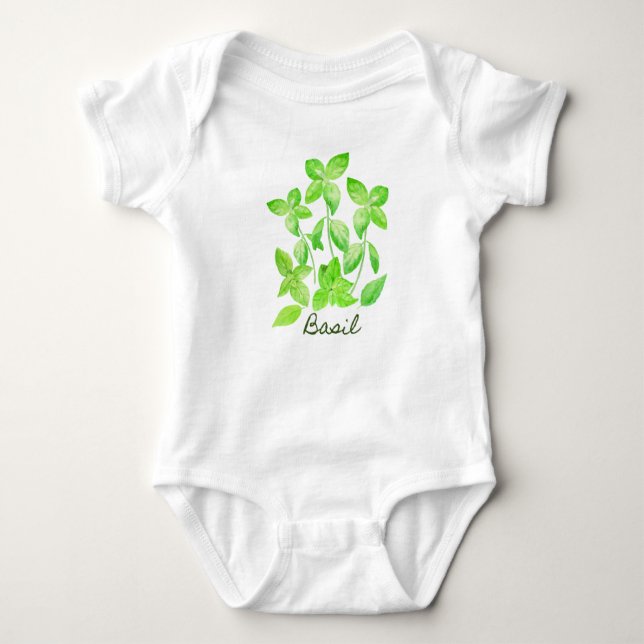 Watercolor basil illustration baby bodysuit (Front)
