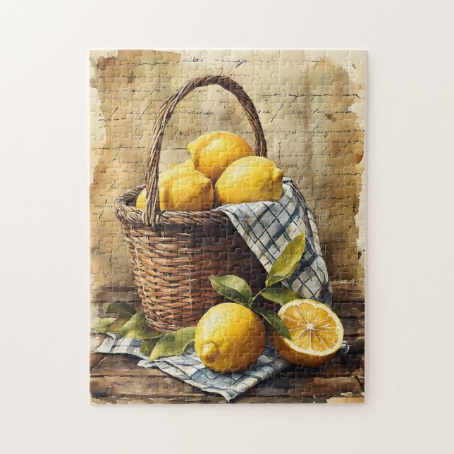Watercolor Basket of Lemons Jigsaw Puzzle (Vertical)