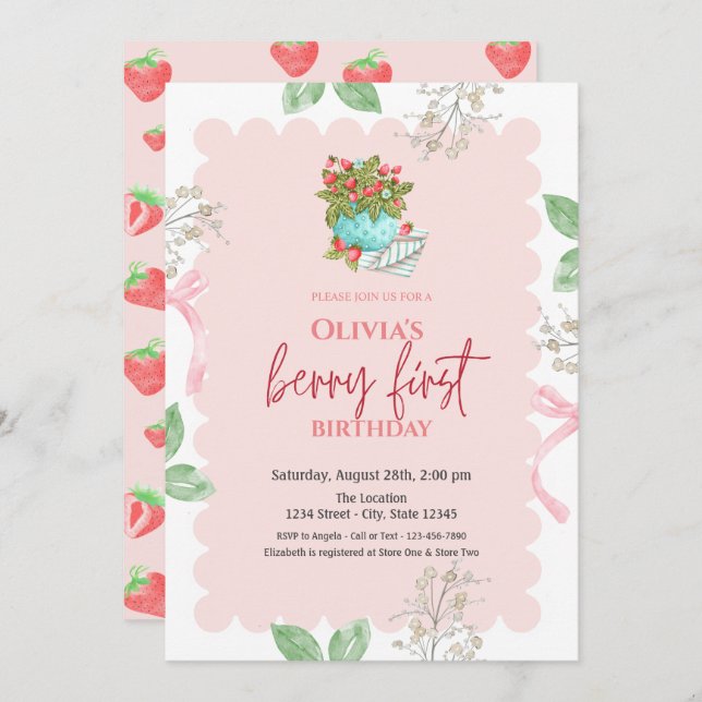 Watercolor Basket Strawberries  1st Birthday  Invitation (Front/Back)