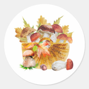 Watercolor Basket with Autumn Forest Mushrooms Classic Round Sticker