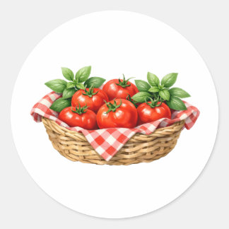 Watercolor Basket with Tomatoes and Basil Classic Round Sticker