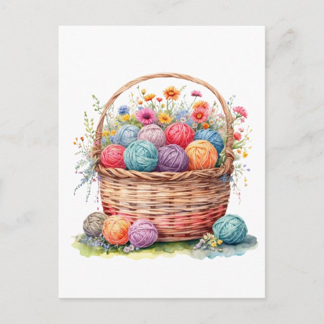 Watercolor Basket with Yarn Balls and Flowers  Postcard (Front)