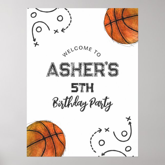 Watercolor Basketball Birthday Welcome Poster (Front)