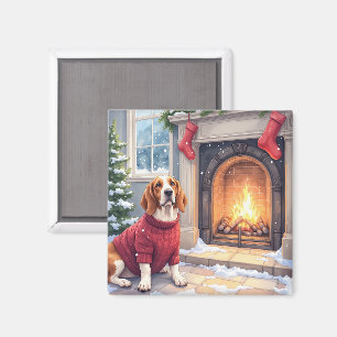 Watercolor Basset Hound Cozy Fireplace Christmas Magnet