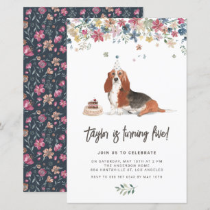 Watercolor Basset Hound Dog Birthday Invitation
