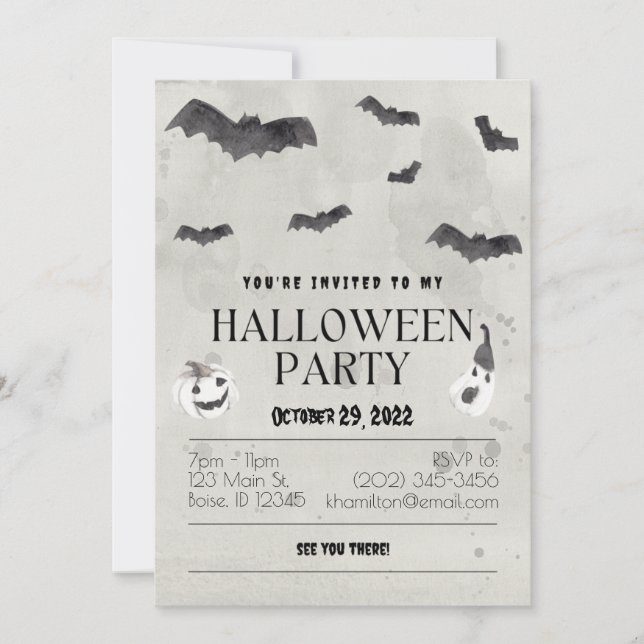 Watercolor Bats Halloween Party Invitation (Front)