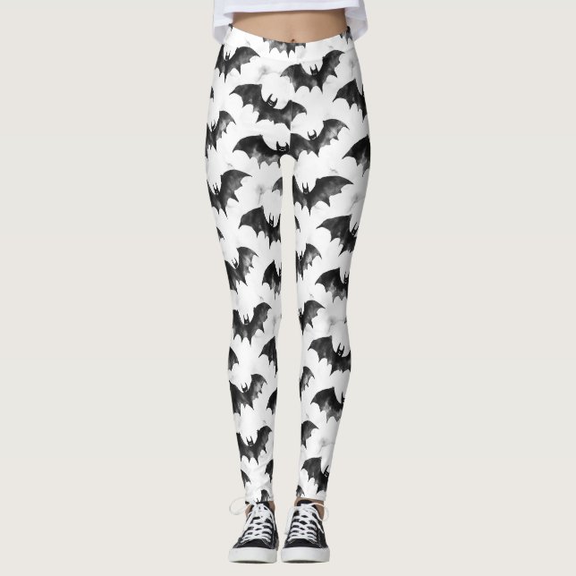 Watercolor Bats in Flight Halloween Pattern Leggings (Front)
