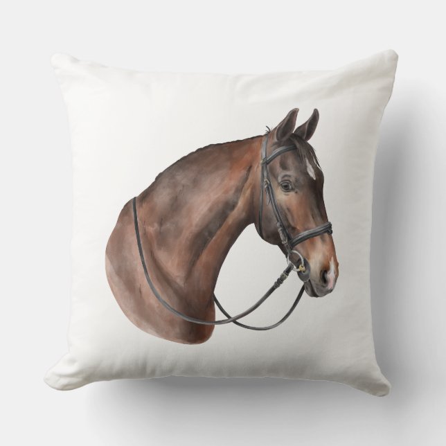 Watercolor Bay horse head in a bridle Cushion (Front)