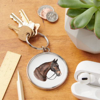 Watercolor Bay horse head in a bridle Key Ring