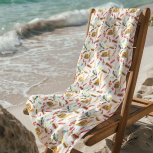 Watercolor BBQ Food, Drinks & Desserts Pattern Beach Towel