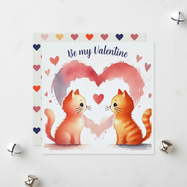 Watercolor "Be My Valentine" Card Orange Cats (Front/Back In Situ)