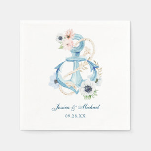 Watercolor Beach Anchor Flower Calligraphy Wedding Napkin