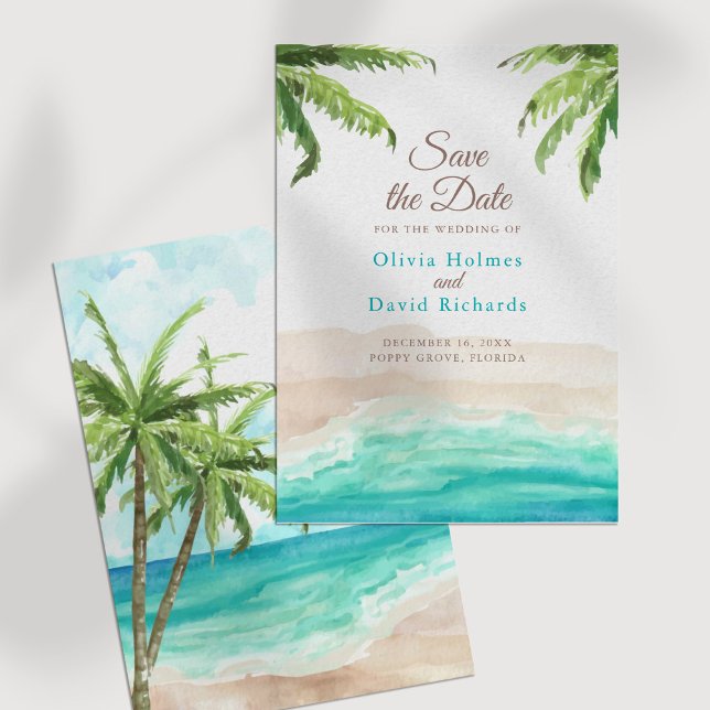 Watercolor Beach and Palm Leaves Save the Date (Watercolor Beach and Palm Leaves Save the Date on a white table.)