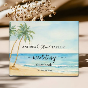 Watercolor Beach and Palm Trees Elegant Wedding Guest Book