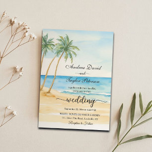 Watercolor Beach and Palm Trees Elegant Wedding Invitation