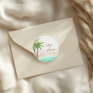 Watercolor Beach and Palm Trees Wedding Classic Round Sticker