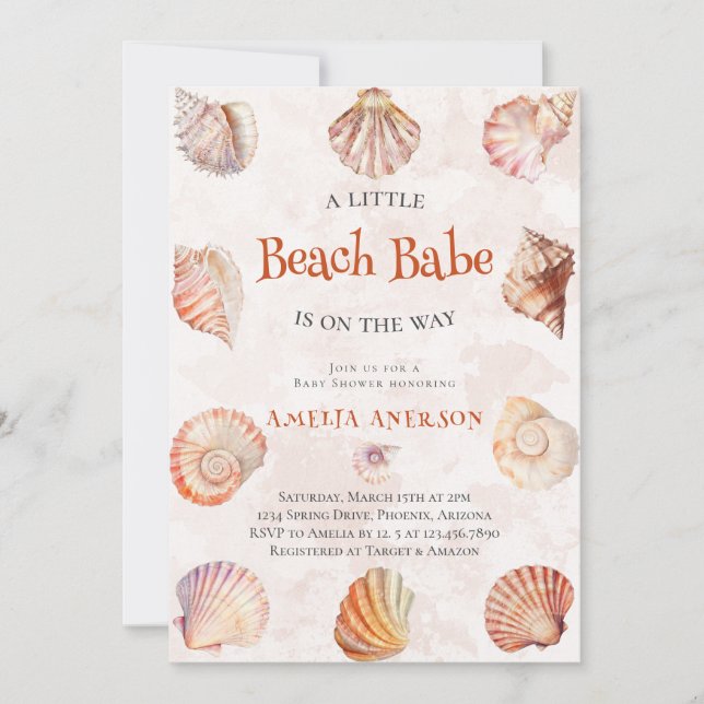 Watercolor Beach Babe Ocean Seashells Baby Shower Invitation (Front)