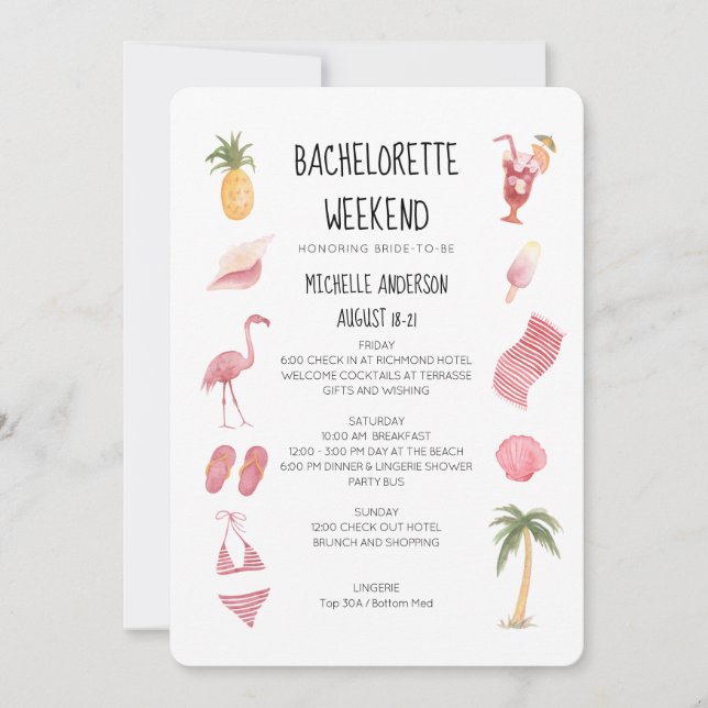 Watercolor Beach Bachelorette Weekend Itinerary Invitation (Front)