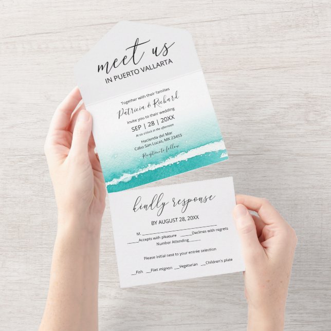 Watercolor Beach Caribbean Destination Wedding All In One Invitation (Tearaway)