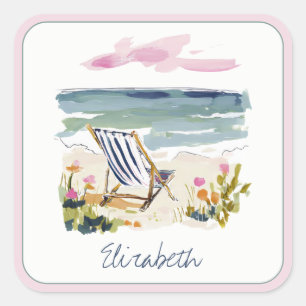 Watercolor Beach Chair Personalised Square Sticker