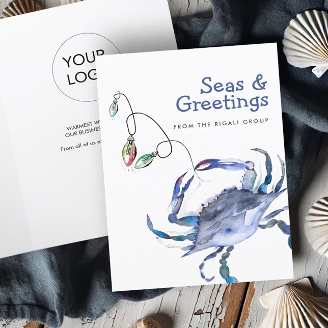 Watercolor Beach Christmas Cards Blue Crab (Beach business Christmas cards with logo watercolor crab art by Victoria Grigaliunas Do Tell A Belle)