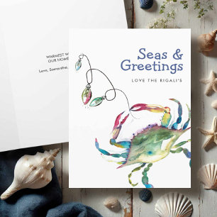 Watercolor Beach Christmas Cards Blue Crab