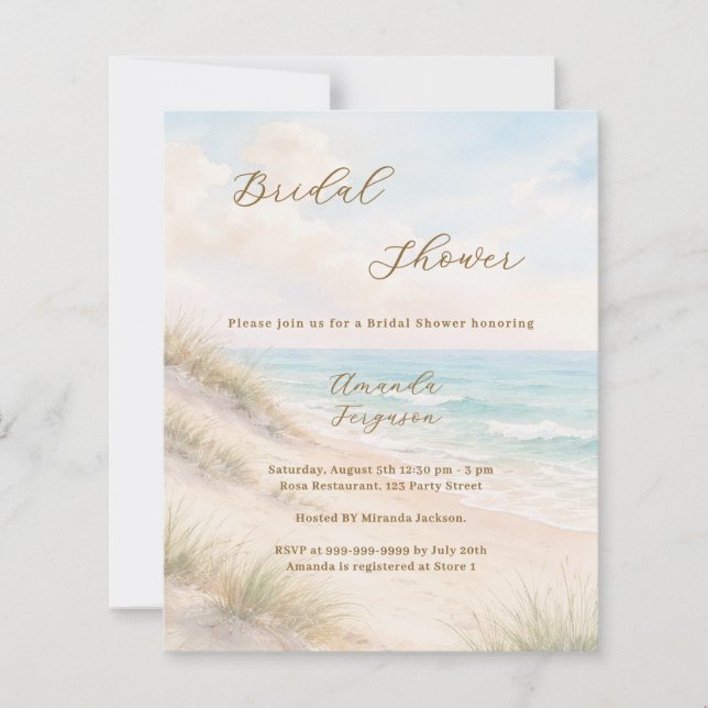 Watercolor beach coastal Bridal Shower invitation (Front)