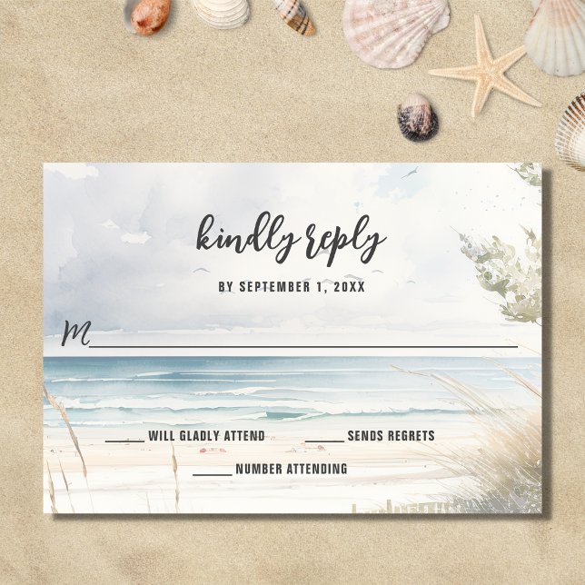 Watercolor Beach Coastal Destination Wedding RSVP Card (Creator Uploaded)
