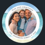 Watercolor Beach Coastal Photo Christmas  Classic Round Sticker<br><div class="desc">Watercolor Beach Seas and Greetings Coastal Photo Christmas Sticker</div>