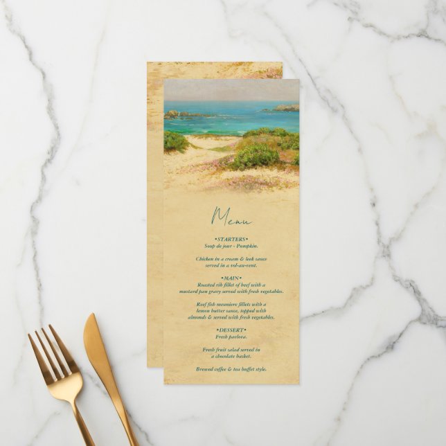 Watercolor Beach Coastal Wedding Destination Menu (Front/Back In Situ)