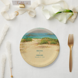 Watercolor Beach Coastal Wedding Destination Paper Plate