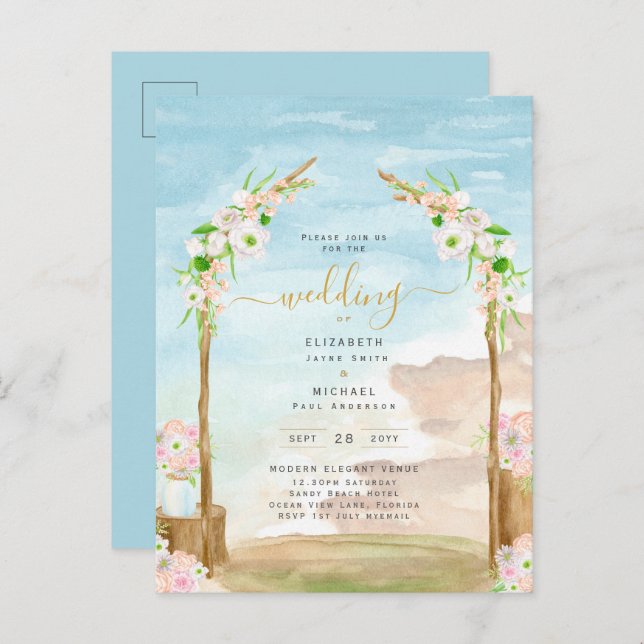 Watercolor Beach Coastal Wedding Invitation Postcard (Front/Back)