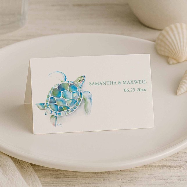 Watercolor Beach Coastal Wedding Place Card (Classy beach wedding escort cards with watercolor sea turtle art by Victoria Grigaliunas)
