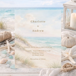 Watercolor beach coatal modern wedding invitation