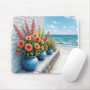 Watercolor Beach Dahlias In Blue Pots Mouse Pad