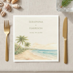 Watercolor Beach Destination Wedding Coastal  Napkin
