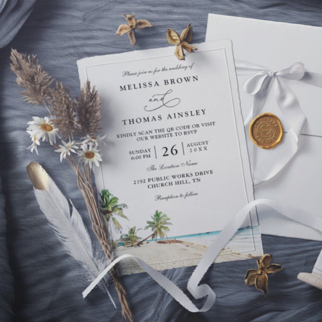  Watercolor Beach Elegant Modern QR Code Wedding Invitation (Creator Uploaded)