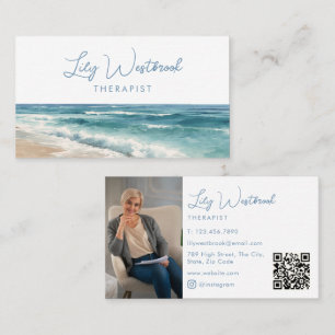 Watercolor Beach Elegant Therapist Photo QR Code Business Card