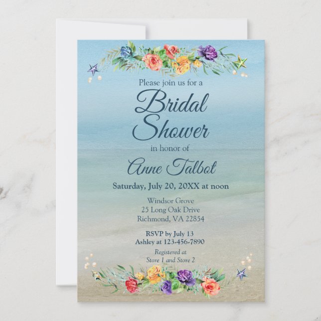 Watercolor Beach Floral Bridal Shower Invitation (Front)