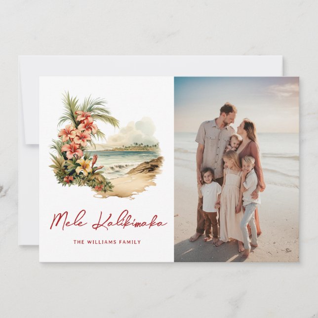 Watercolor Beach Floral Photo Mele Kalikimaka Holiday Card (Front)