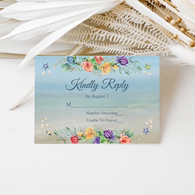 Watercolor Beach Floral Wedding RSVP Card (Creator Uploaded)